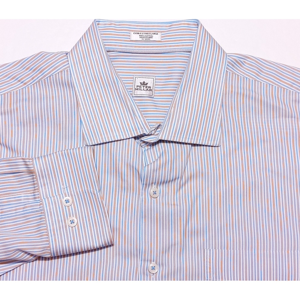 PETER MILLAR Long Sleeve Cotton Button Shirt Blue Orange Striped XXL 2XL
